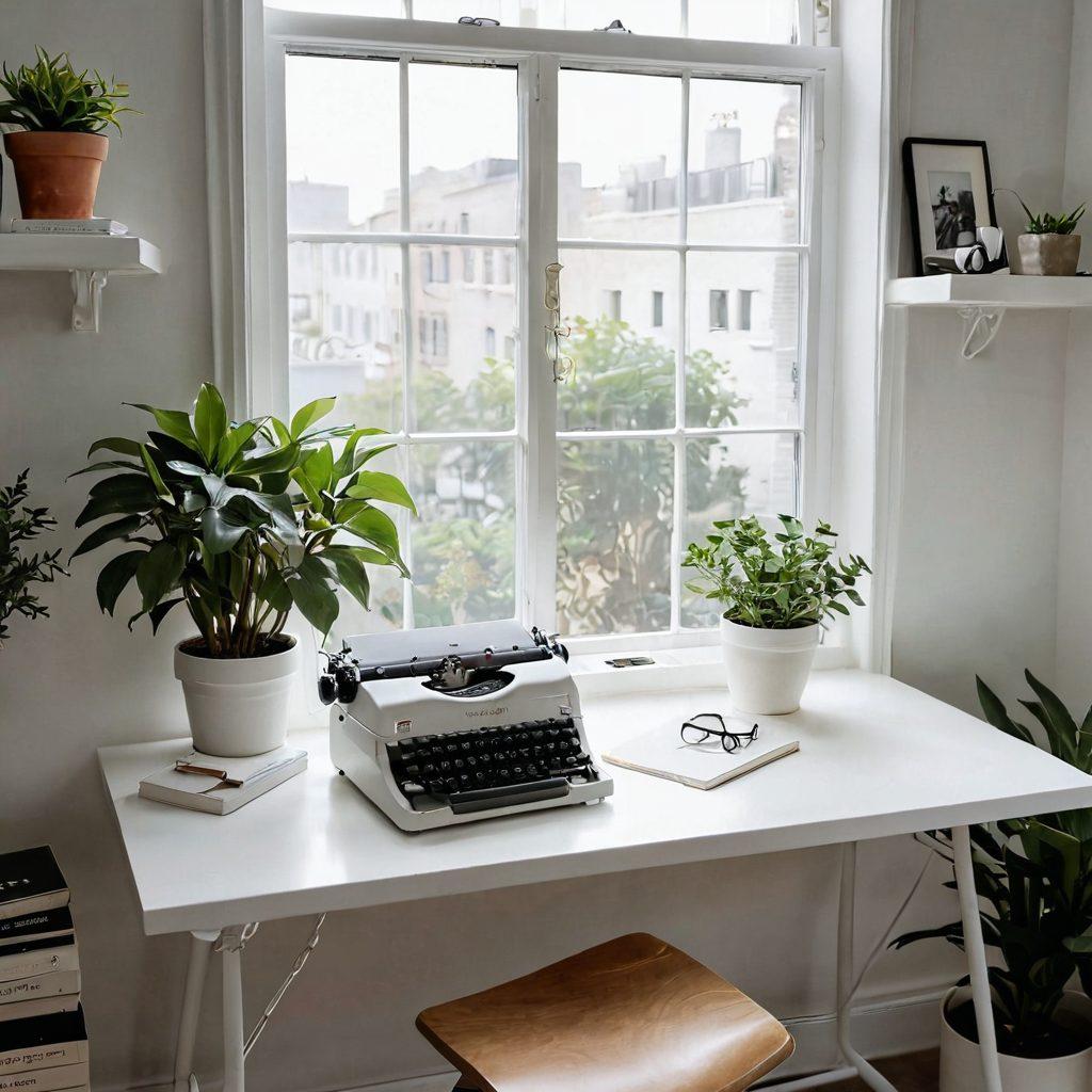 A serene workspace with a clean white desk featuring a single typewriter and a blank page, surrounded by potted plants and soft natural light filtering through a large window. Incorporate subtle cues of minimalism, like a neatly organized bookshelf and a steaming cup of tea, to evoke tranquility and focus. The colors should be soft and muted to highlight simplicity and clarity. minimalistic style. soft colors. natural light.