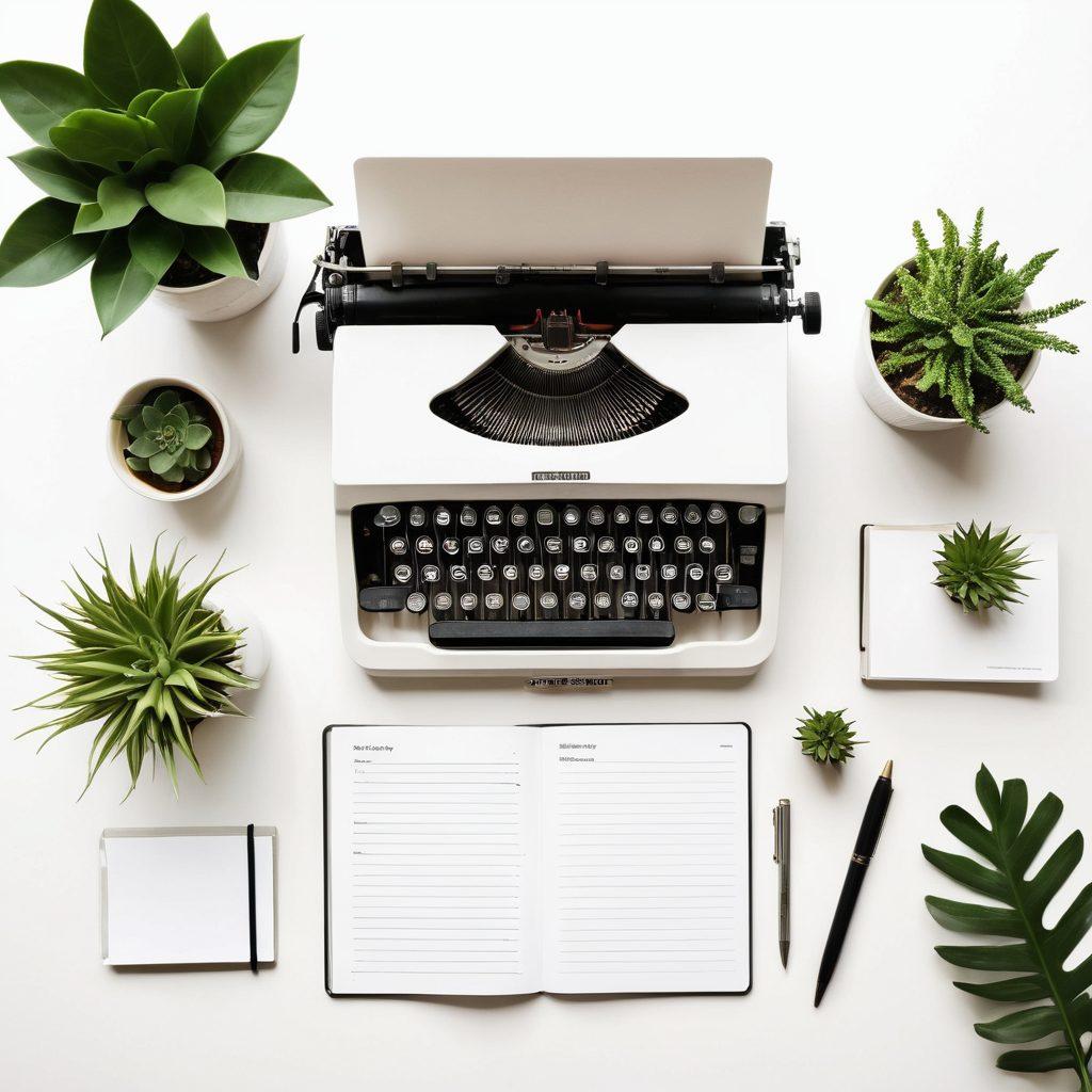 A minimalist workspace featuring a sleek laptop with a vibrant, open blog page titled 'Mastering the Art of Brevity'. Surrounding elements like a notepad with concise bullet points, a vintage typewriter symbolizing the art of writing, and a small plant for freshness. The background should be bright and light to convey clarity and focus. super-realistic. vibrant colors. white background.