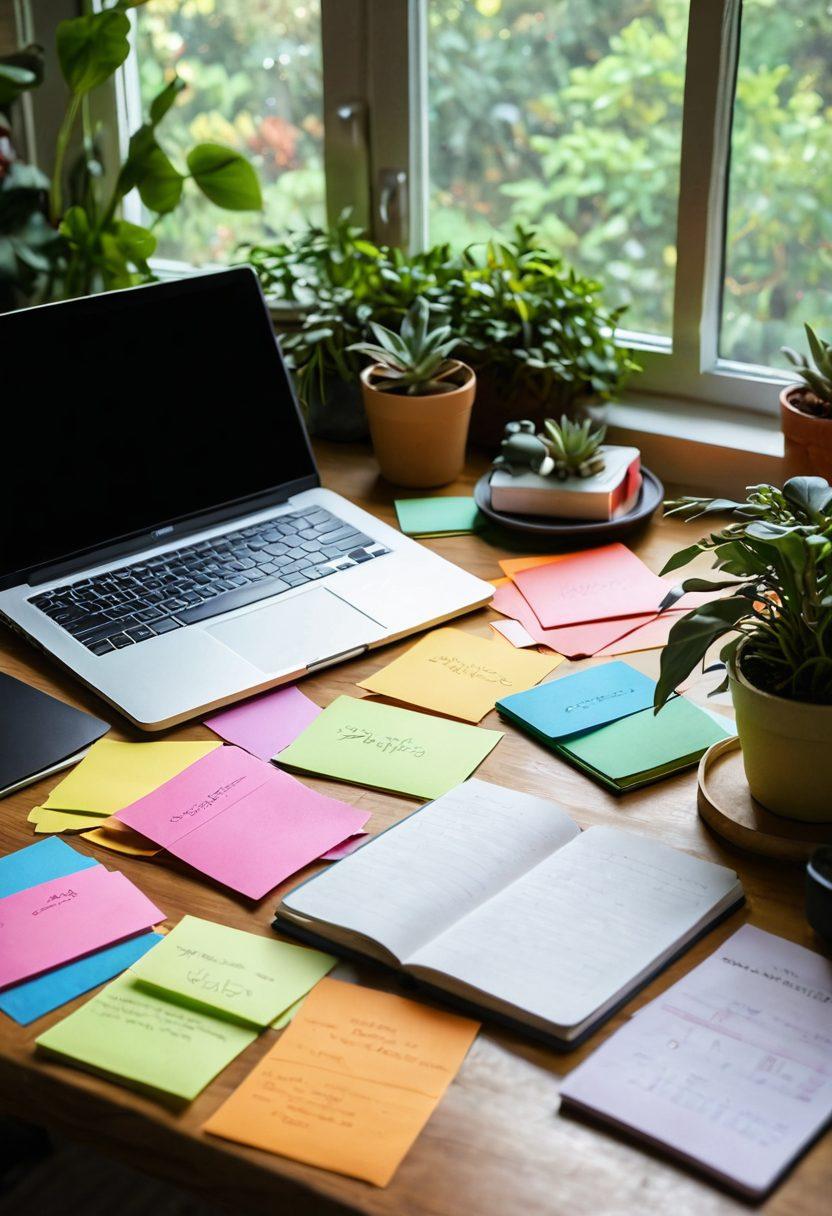 An inspired writer brainstorming at a cozy desk, surrounded by colorful sticky notes and open notebooks, soft warm light illuminating the scene. A laptop displaying a vibrant infographic bursts with ideas and strategies for content creation. The background features lush green plants for a touch of nature. super-realistic. vibrant colors. cozy atmosphere.